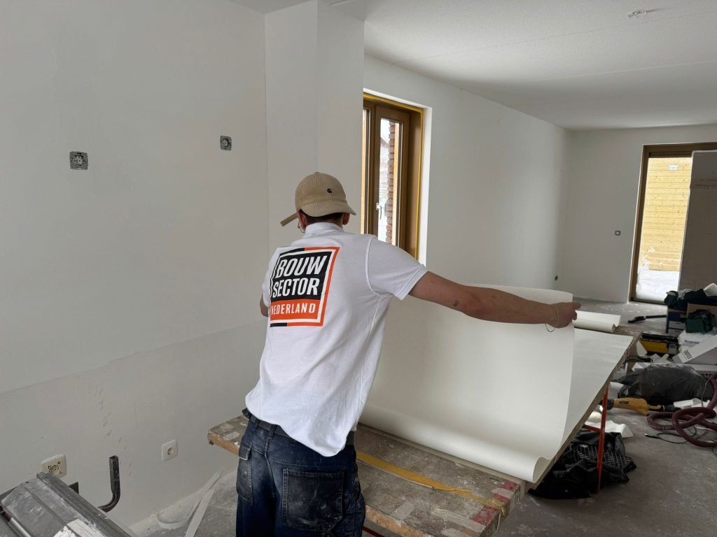 Behanger in een wit shirt van Bouwsector Nederland rolt een baan renovlies uit over de plaktafel