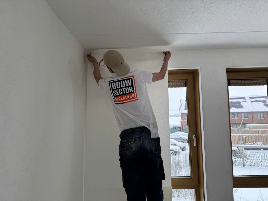 Behanger van Bouwsector Nederland brengt een baan renovlies aan tot strak tegen het plafond